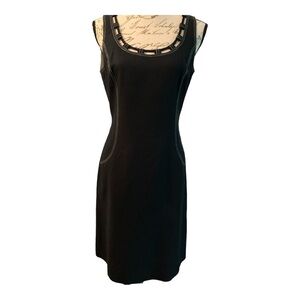 DAVID MEISTER shift dress, black with white topstitching,neckline embellishment